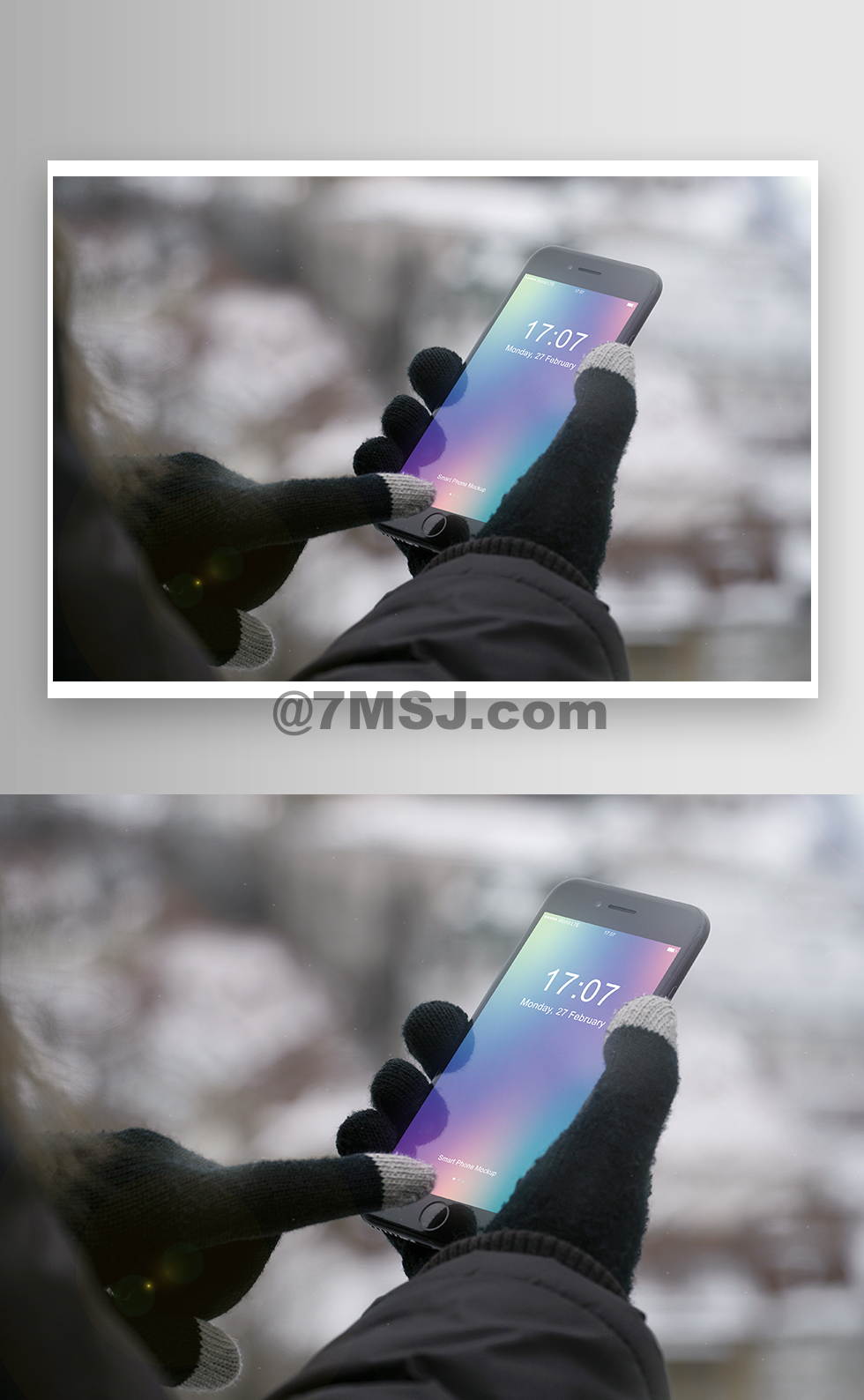 冬天雪地场景智能手机iphone 8 App Ui Kits样机vi展示模型图片免费下载 七米网