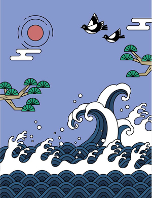 日系和风浮世绘国潮新年花鸟仙鹤海浪服饰印刷印花矢量AI海报