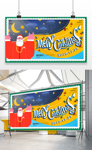 圣诞老人绿色插画圣诞快乐圣诞节宣传展板设计