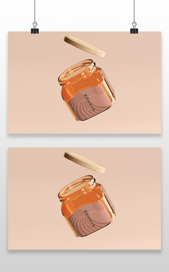 方形蜂蜜食品玻璃瓶包装效果图展示VI智能贴图PSD样机