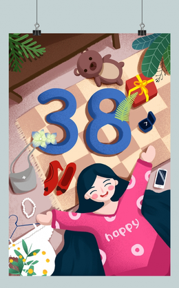 彩色卡通手绘38妇女节女神节人物插画海报妇女节妇女女神节