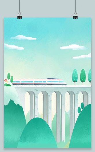 绿色小清新高架桥疾驰的高铁火车插画